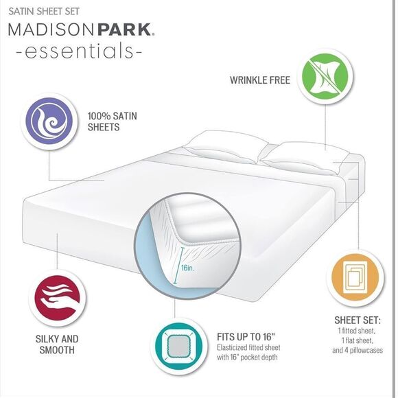 Madison Park White Queen Satin Sheet Set NWT - Picture 10 of 14